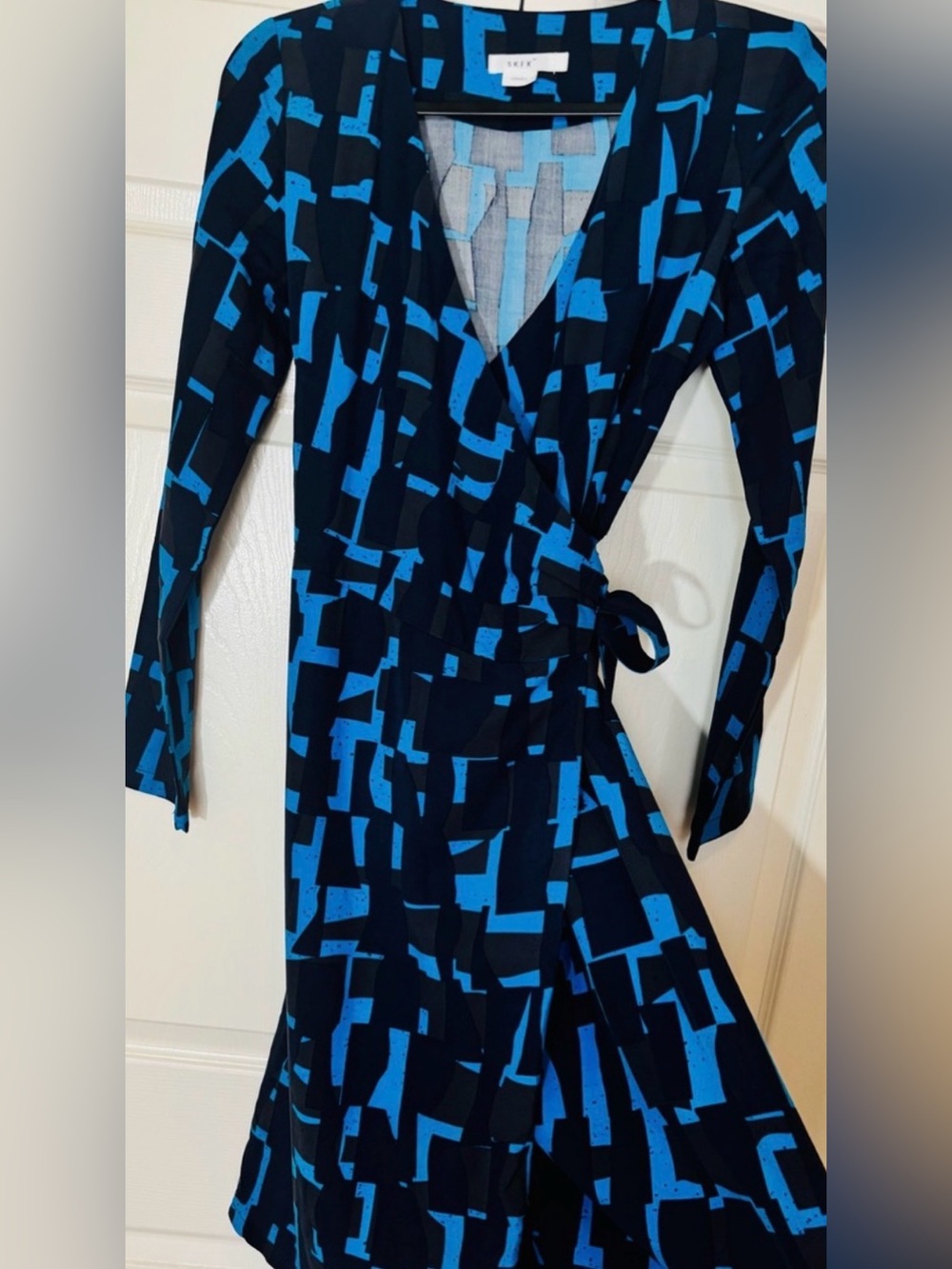 SKFK Skunkfunk Wrap Dress Blue Geometric Abstract Print V-Neck  Long Sleeve US 6